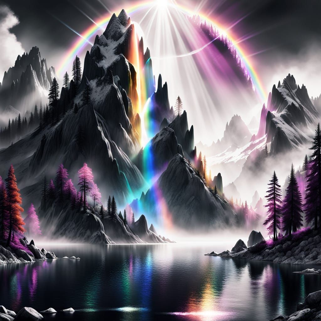 Surreal Black and White Landscape with Rainbow Prism Light