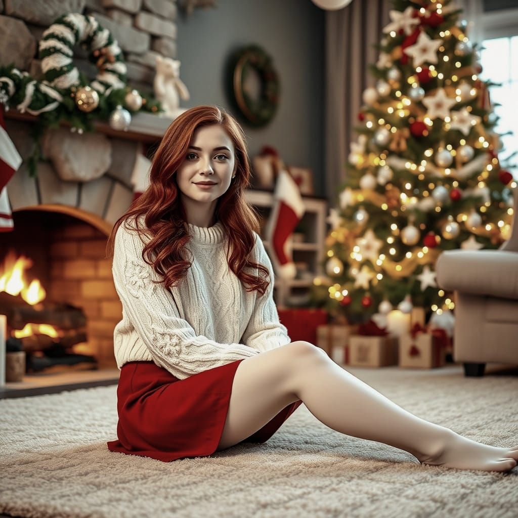 Gorgeous Redhaired Woman Sitting by the Christmas Fireplace