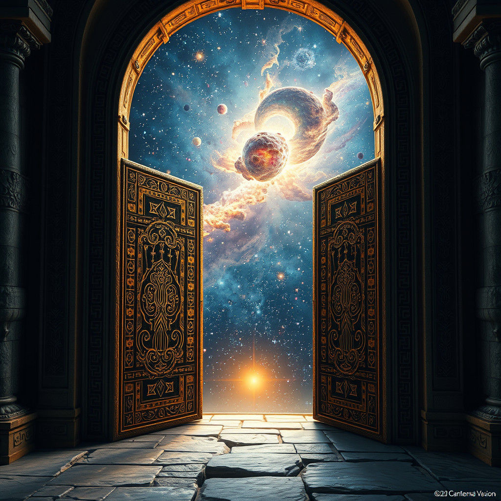 Ornate Door Opens to Starry Celestial Realm