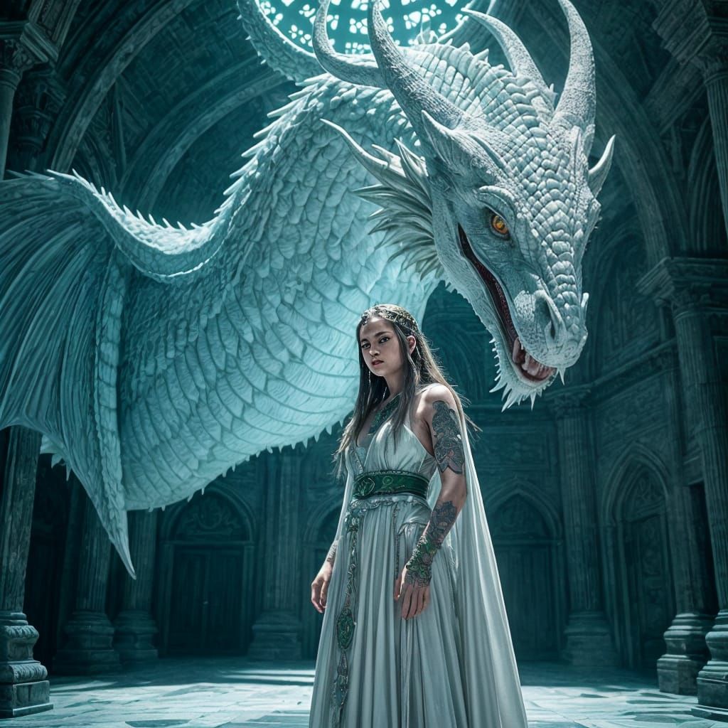 Celtic Priestess and Dragon in Mystical Temple