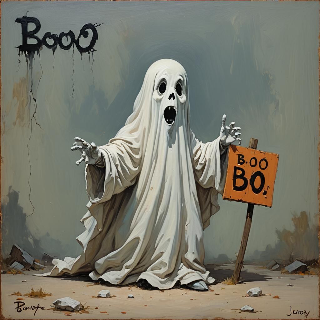 Whimsical Ghost with Boo Sign as Oil Painting