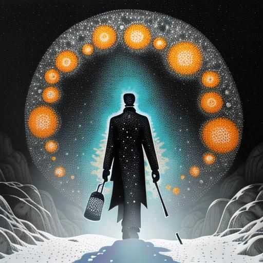 Pointillist Fire Monster in Ice Cave