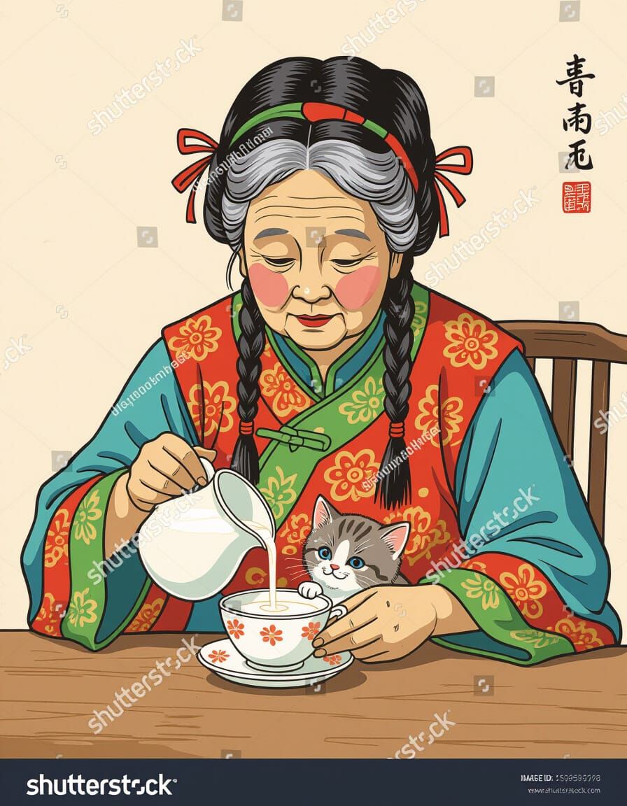 Old Chinese Woman Feeds Kitten in Romantic Illustration Styl...