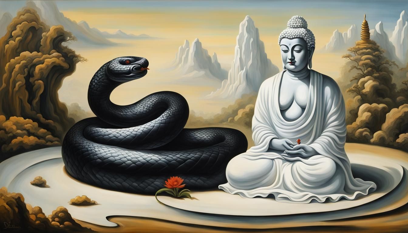 Black Snake Coiling Around Buddha in Surrealist Zen Garden