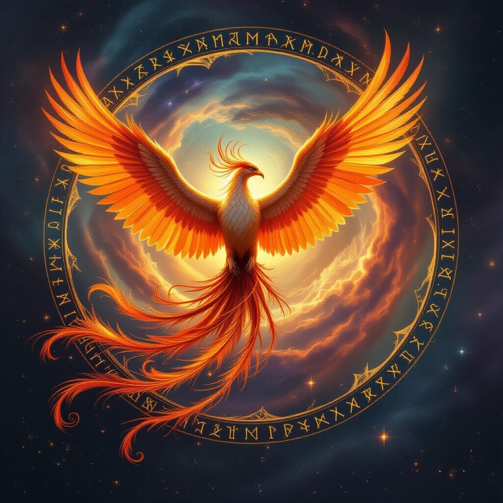 Molten Starlight Phoenix Rises from Cosmic Vortex