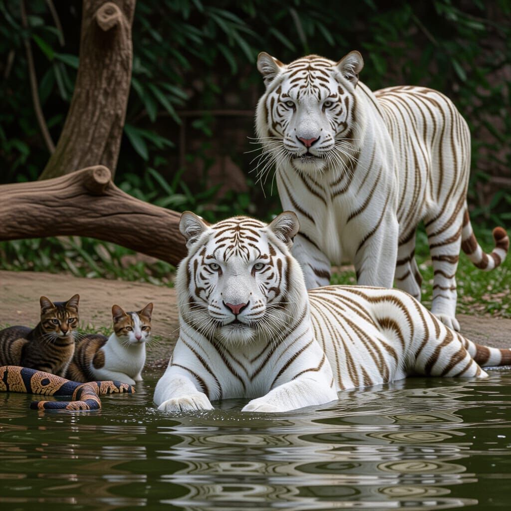 White Tiger Playing with Cats and Snake