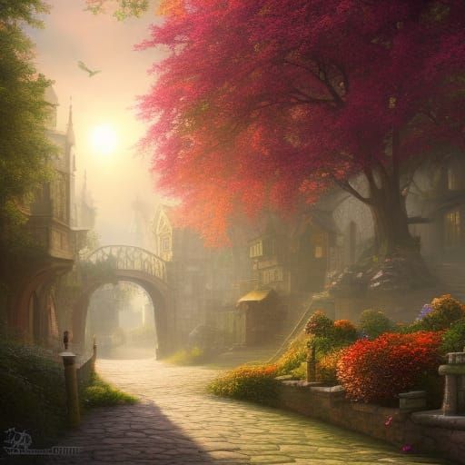 Cobbled Street Scene with Flowers and Trees