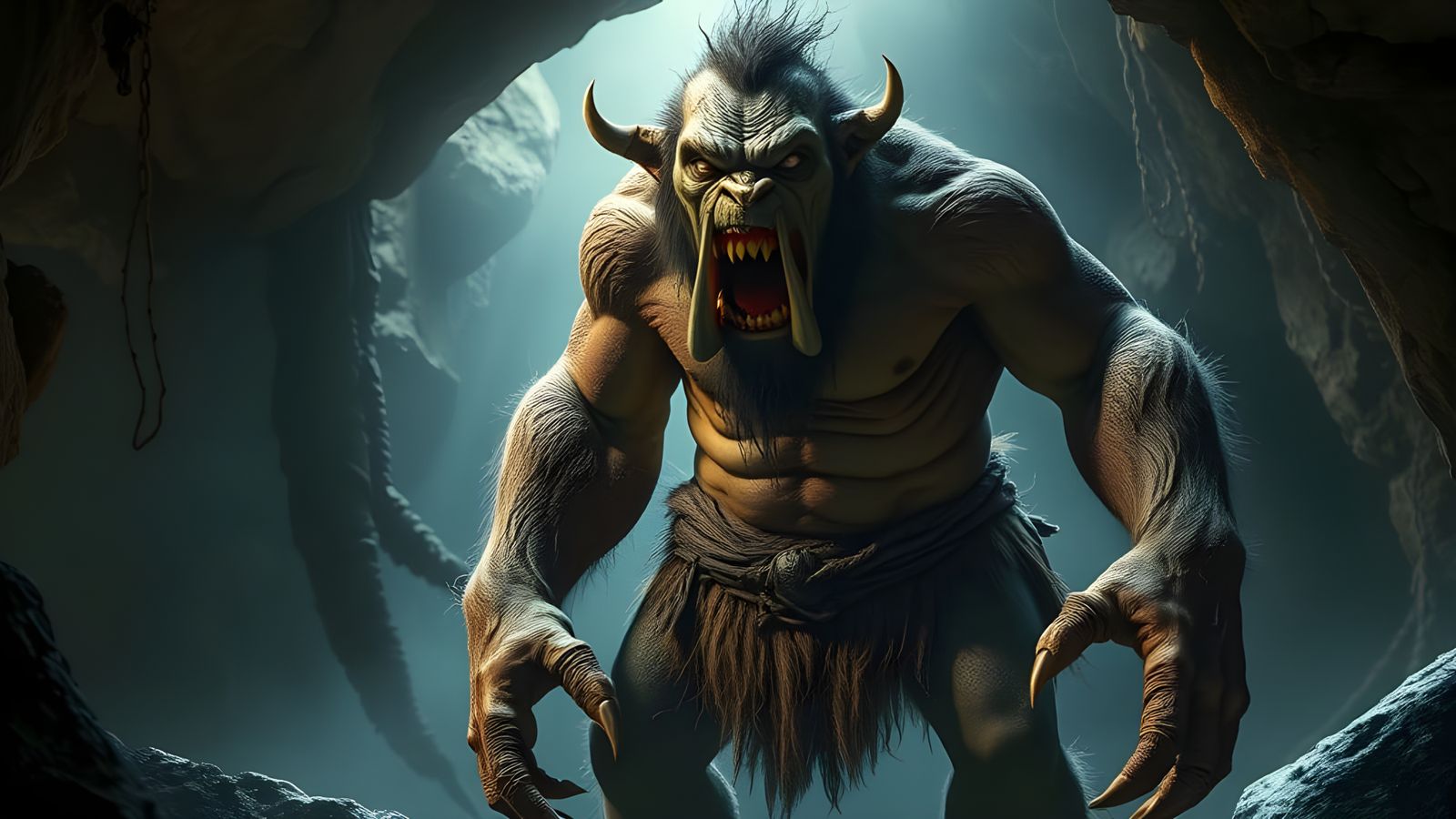 Hyperrealistic Cave Troll with Large Teeth and Claws