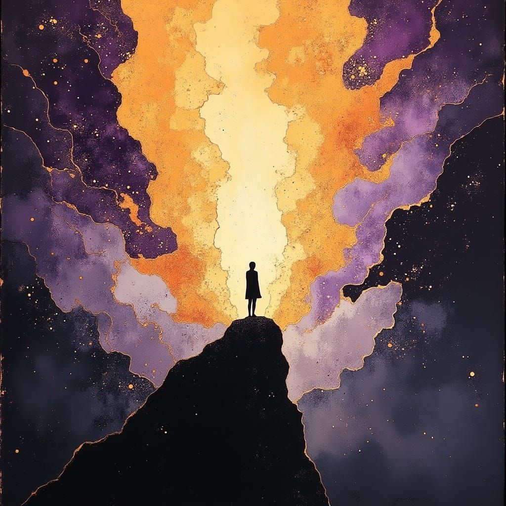 Cosmic Solitude: Figure on Precipice Against Nebula