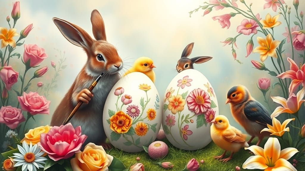 Rabbits and Chicks Painting Easter Eggs, Illustrative Style