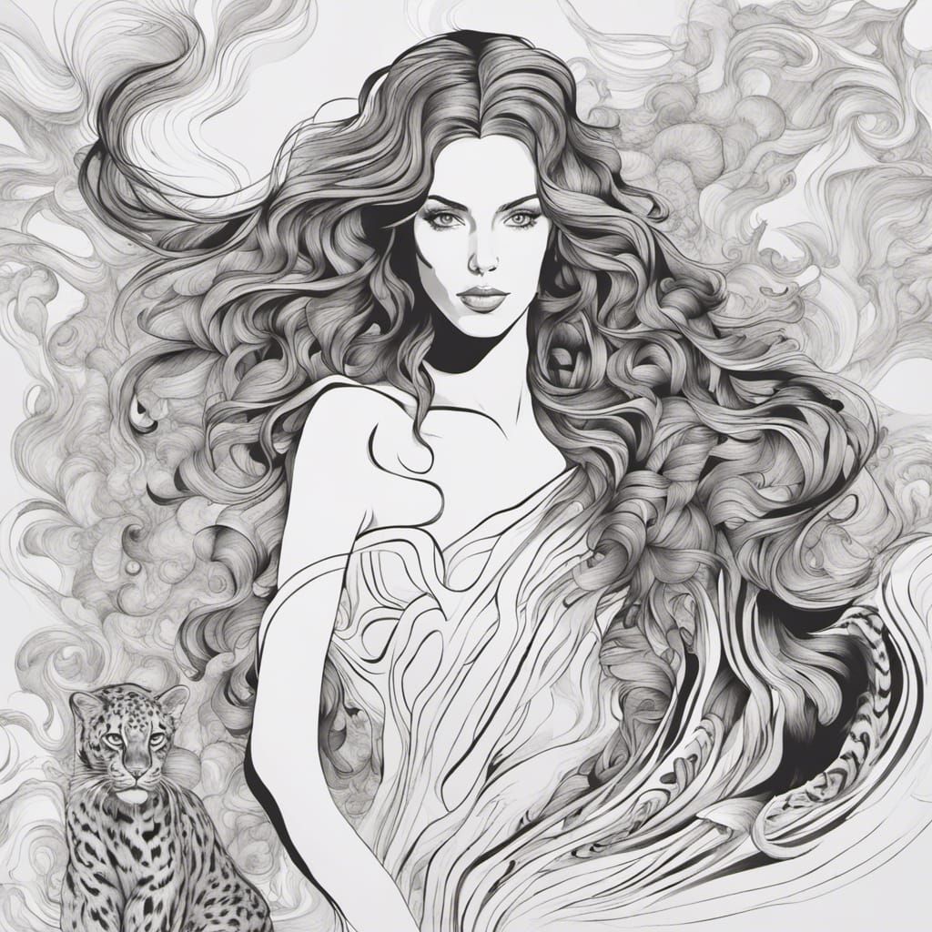 Woman and Clouded Leopard Ink Drawing