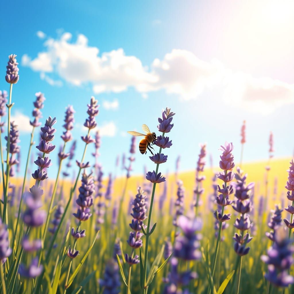 Lavender Field with Busy Bee in Impressionist Style