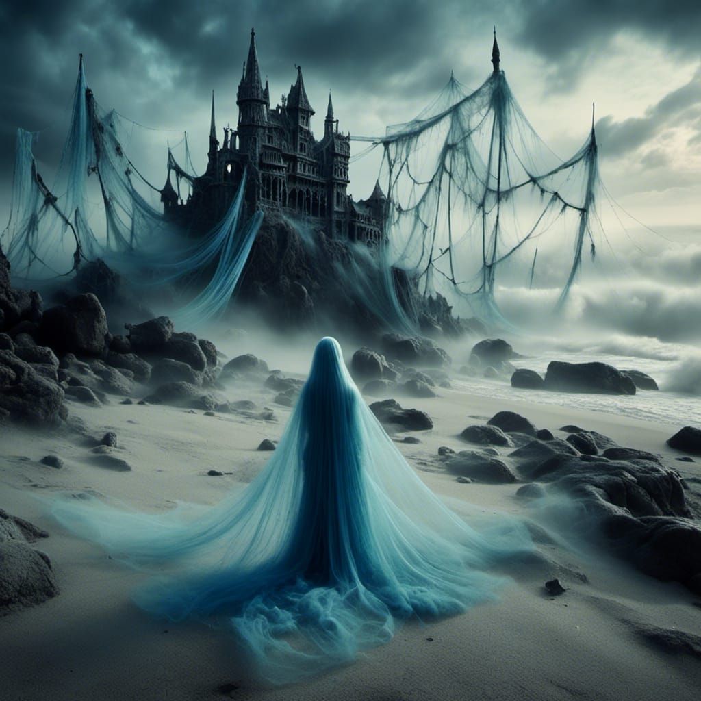 Haunted Beach with Blue Castle and Ethereal Ghosts