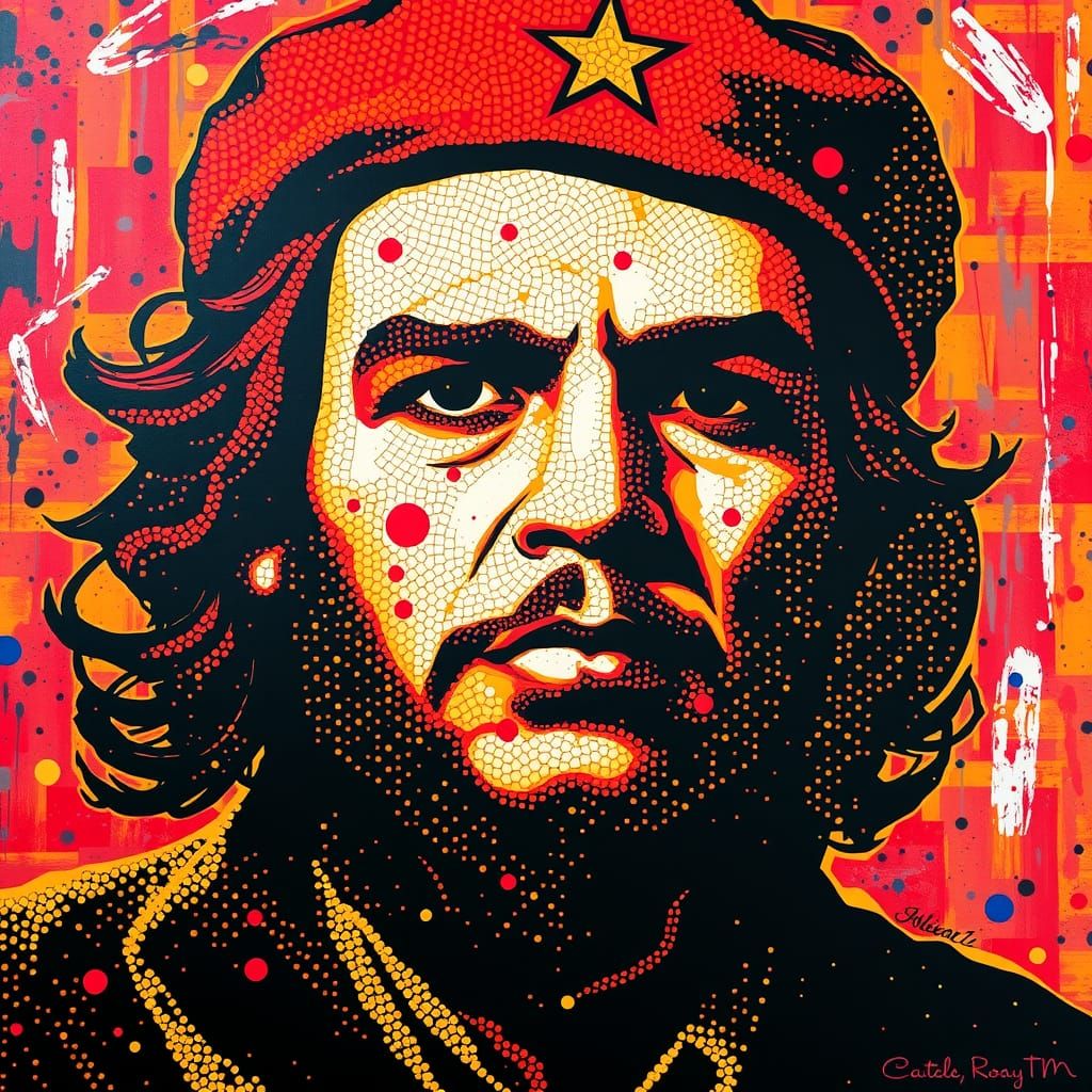 A pointillism portrait of Che Guerrera