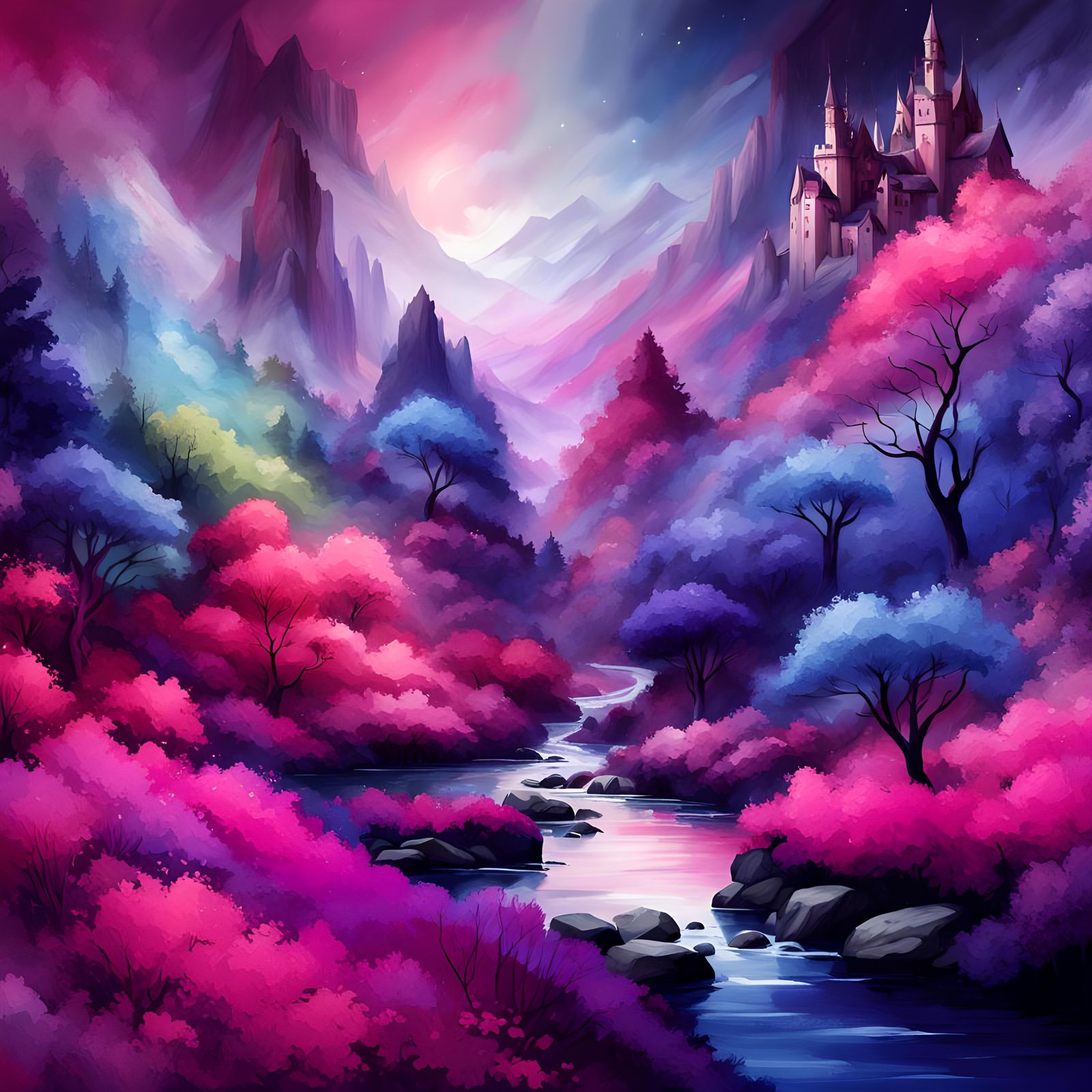 Fucia, pink, purple, lavendar, blue, dark royal purple, dark navy blue, fucia, hot pink palette, fantasy fairy landscape