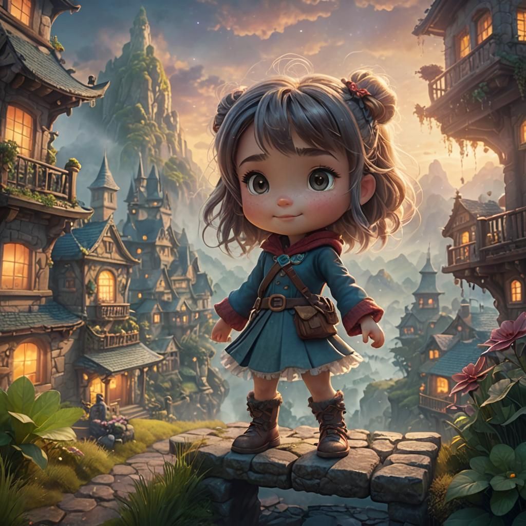 Happy Chibi in Misty Landscape, Kinkade Style