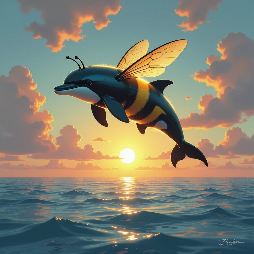 Dolphin-Bee Hybrid Over Sunlit Ocean