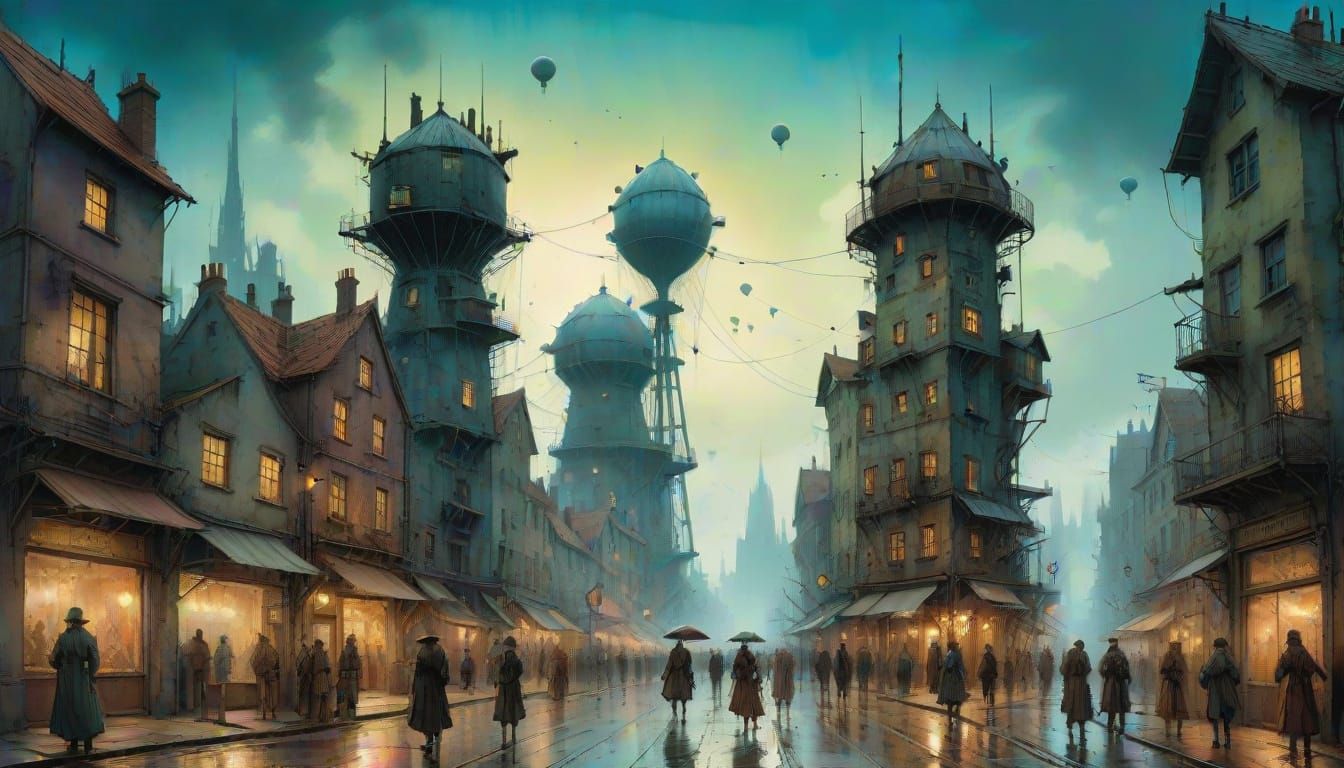 Whimsical Dystopian Fantasy Cityscape with Steampunk Element...