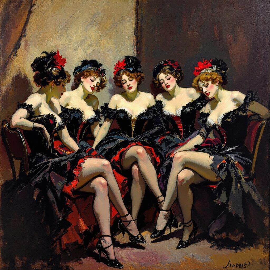 Tired Can-Can Dancers Resting Backstage in Parisian Nightlif...