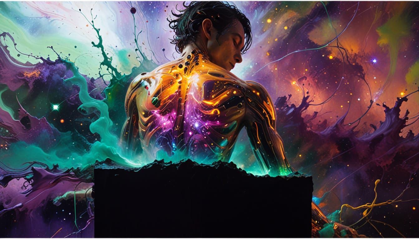 Cybernetic Humanoid in Starry Cosmos: Surreal Oil Painting