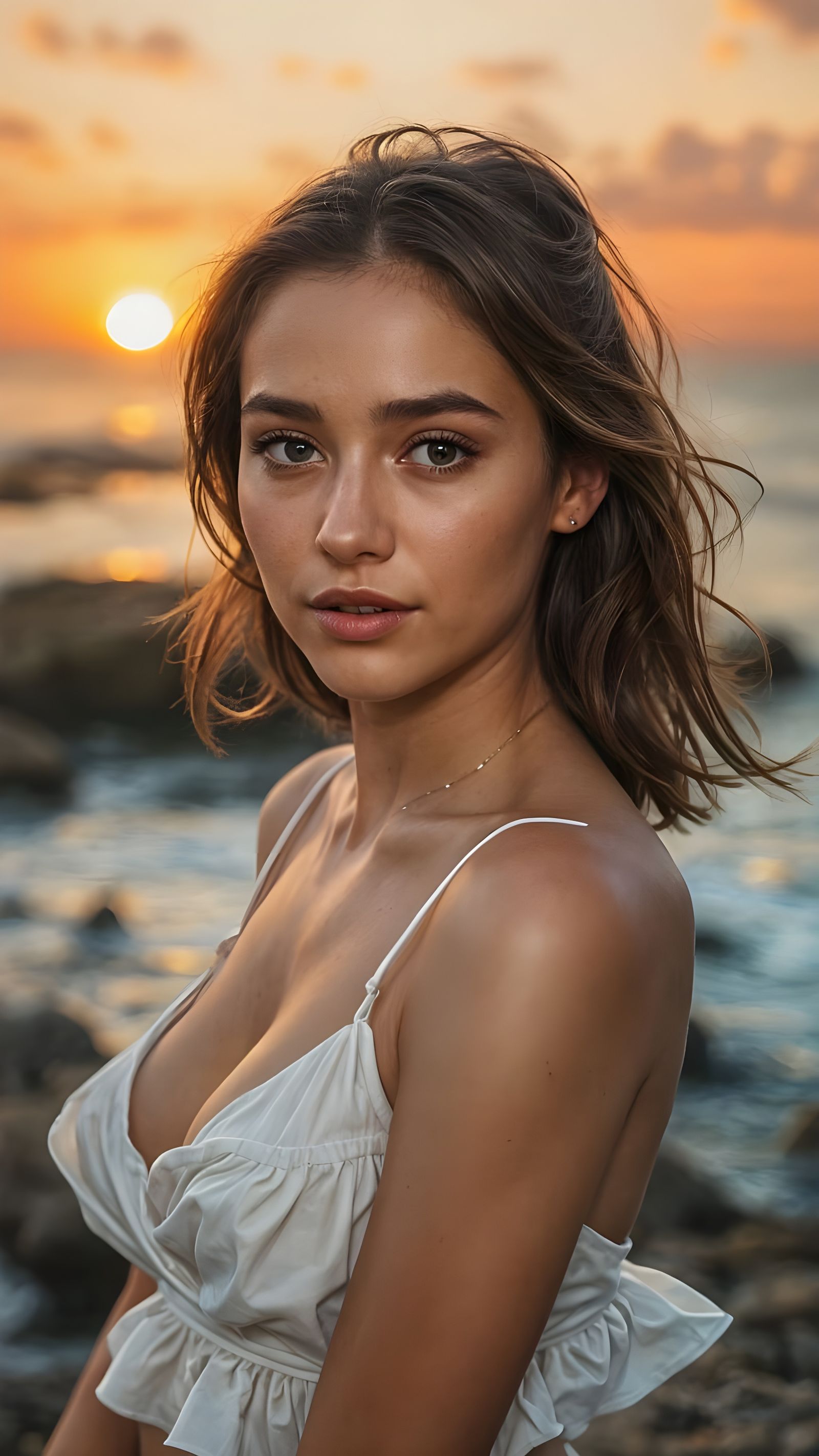 Sunset Portrait of a Young Woman on Coastline