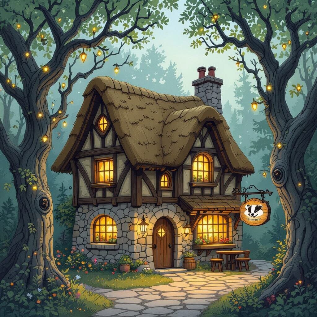 Cozy Tavern at Enchanted Forest Edge, Storybook Style