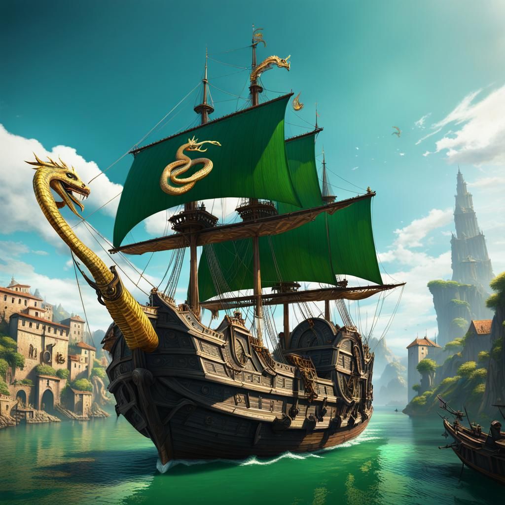 Galleon with Golden Snake Sails Approaches Renaissance City