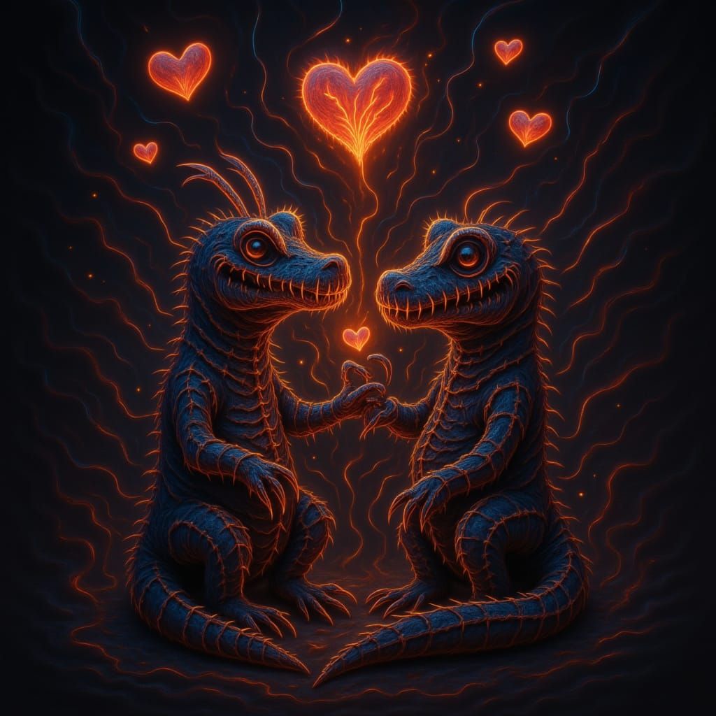 Demonic Crocodilian Lava Creatures in Love