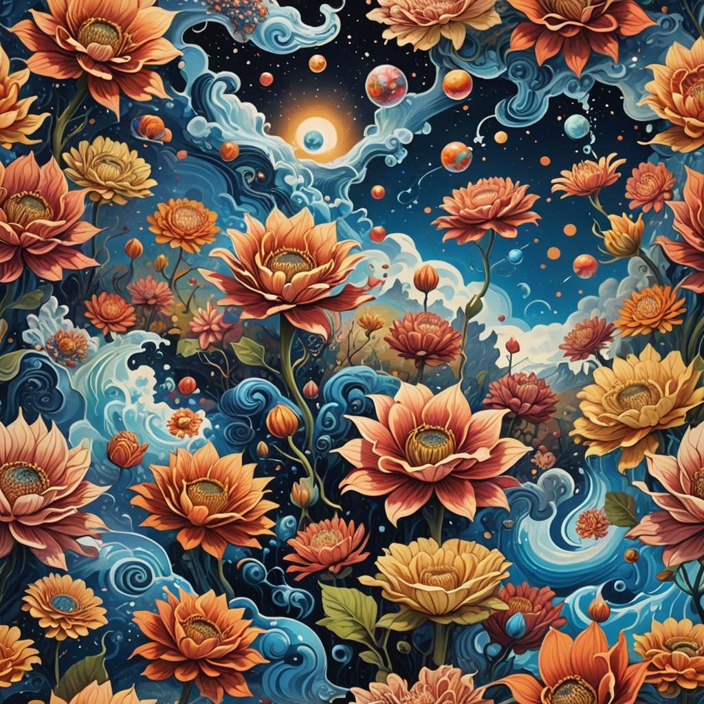 A surreal landscape featuring swirling, vibrant colors and m...