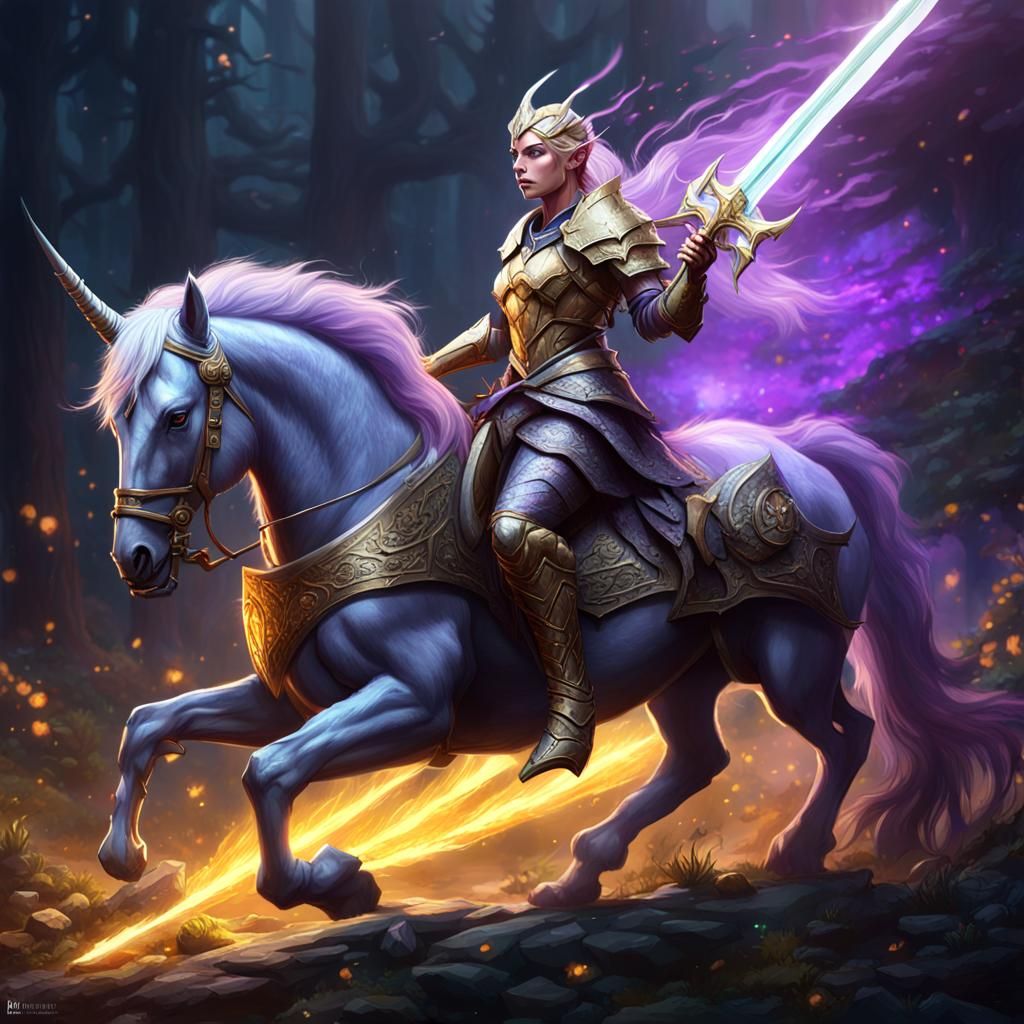Elf Knight on Unicorn Fighting Wyvern