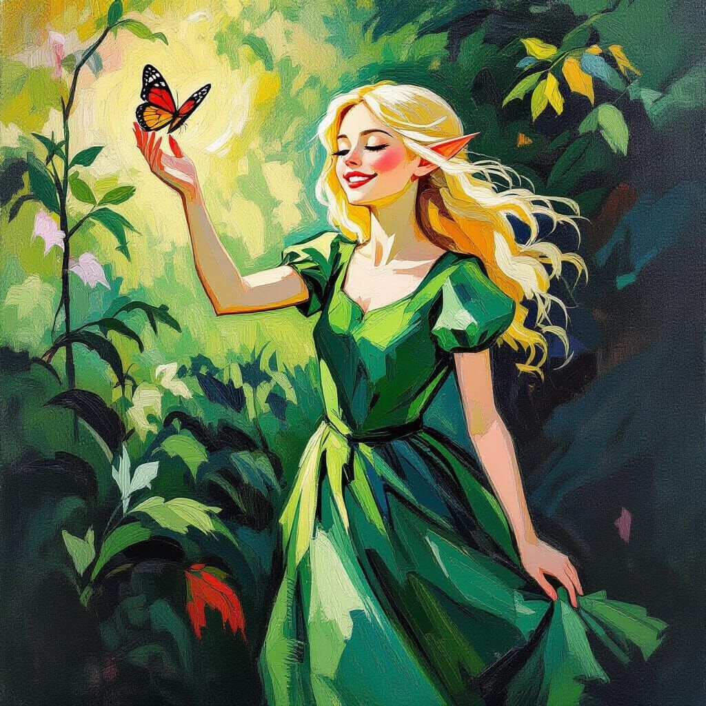 Elf Girl Touches Butterfly in Lush Garden Neo-Impressionist ...