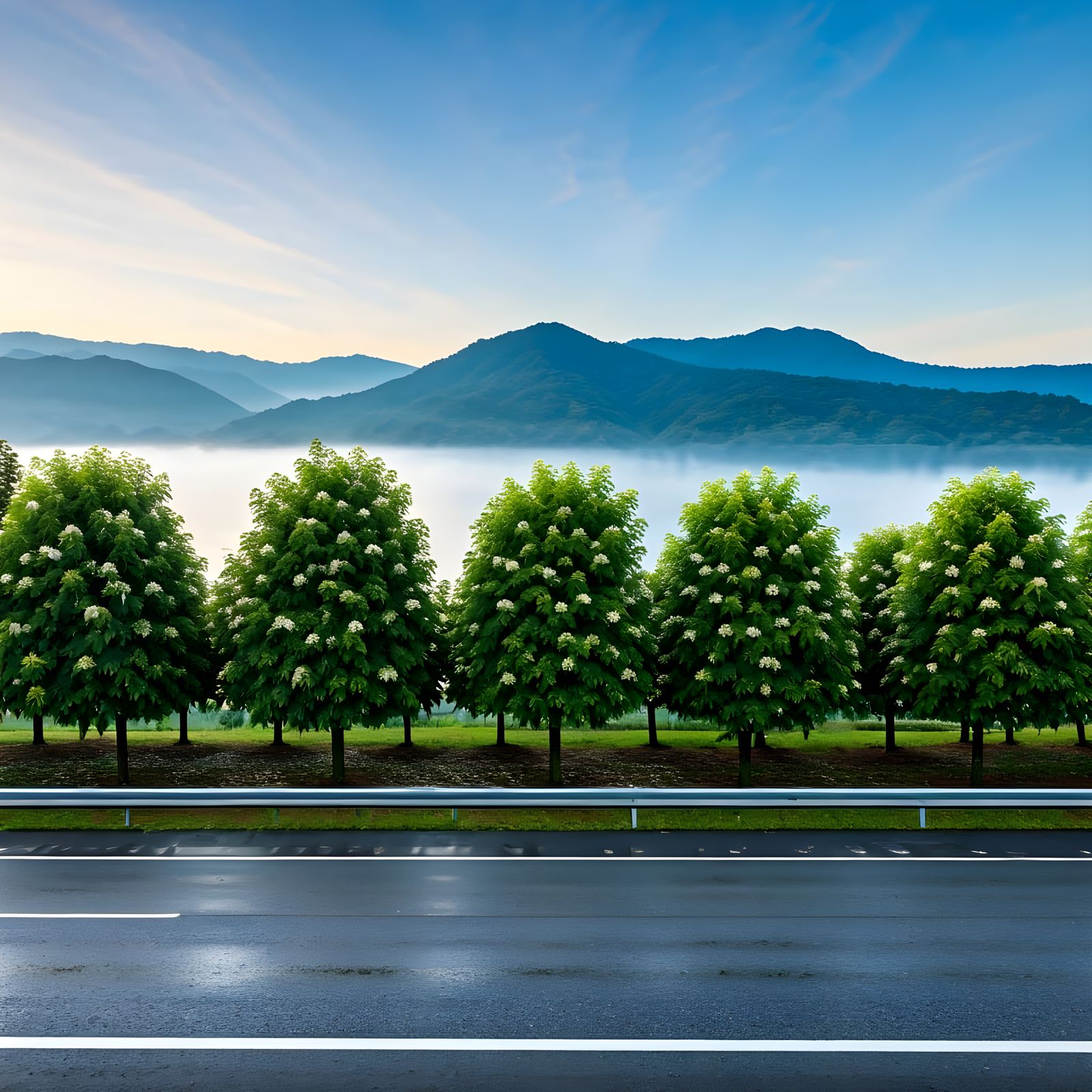 Salam Tree Garden in Misty Morning Light