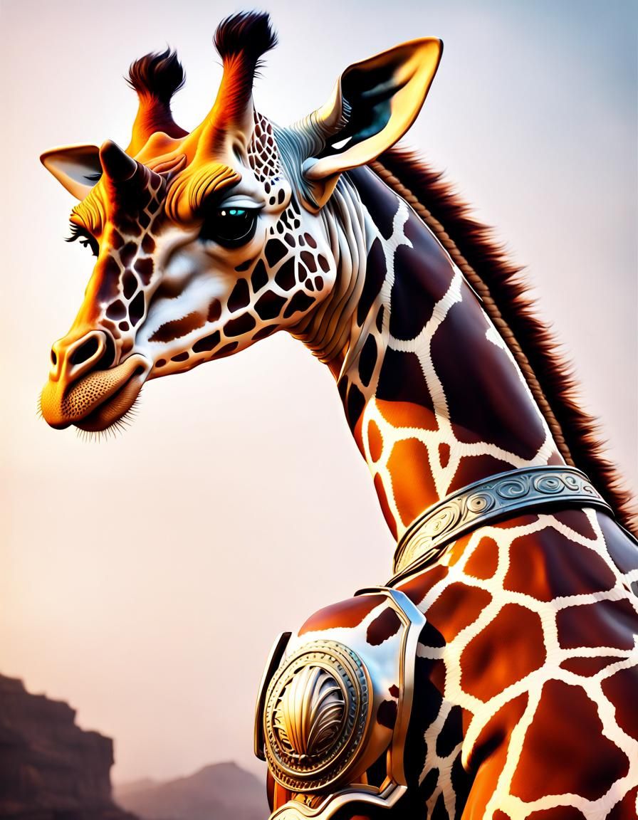 mighty muscular giraffe made of metal plated armor epic hero...
