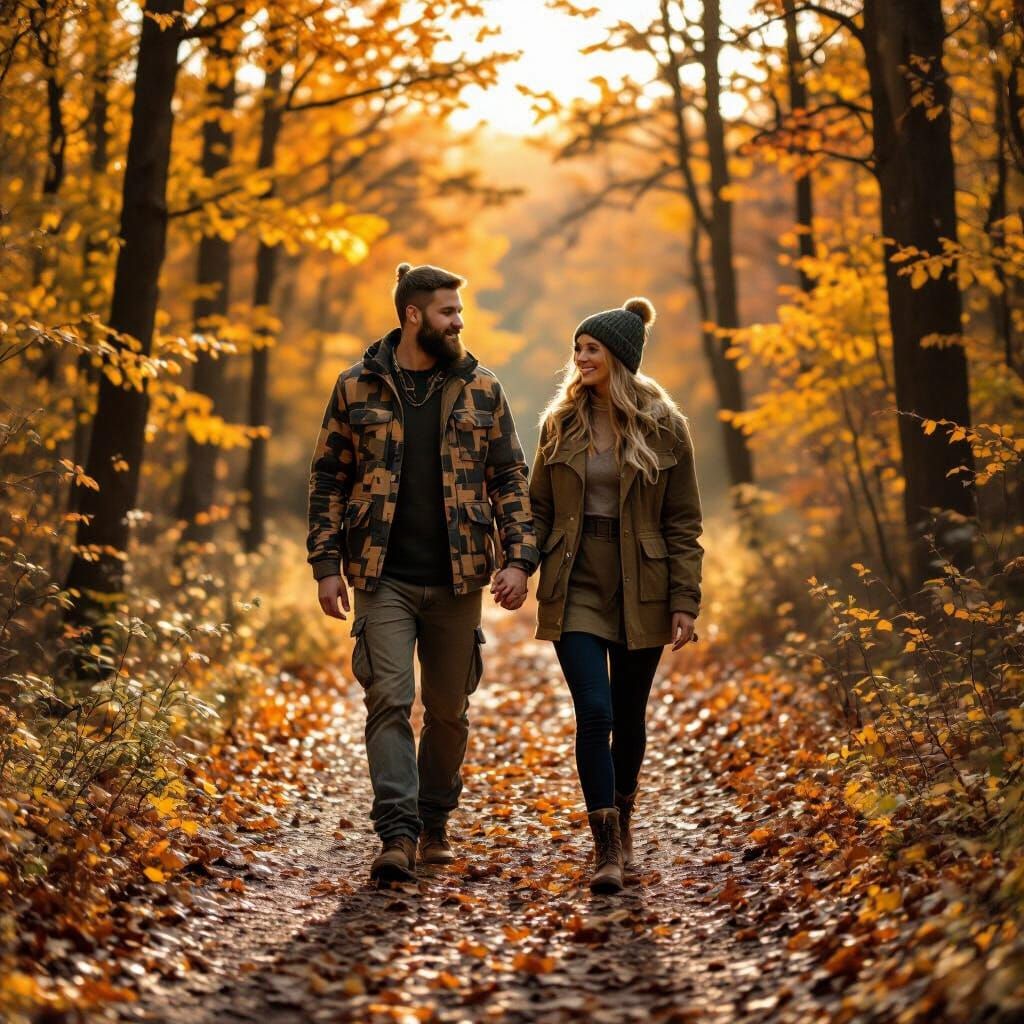 Couple Walking Autumn Path in Warm Sunlight