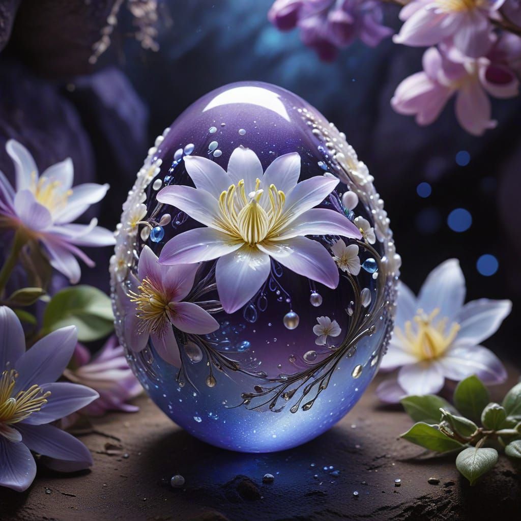 Glass Egg on Passion Flowers in Lit Cave