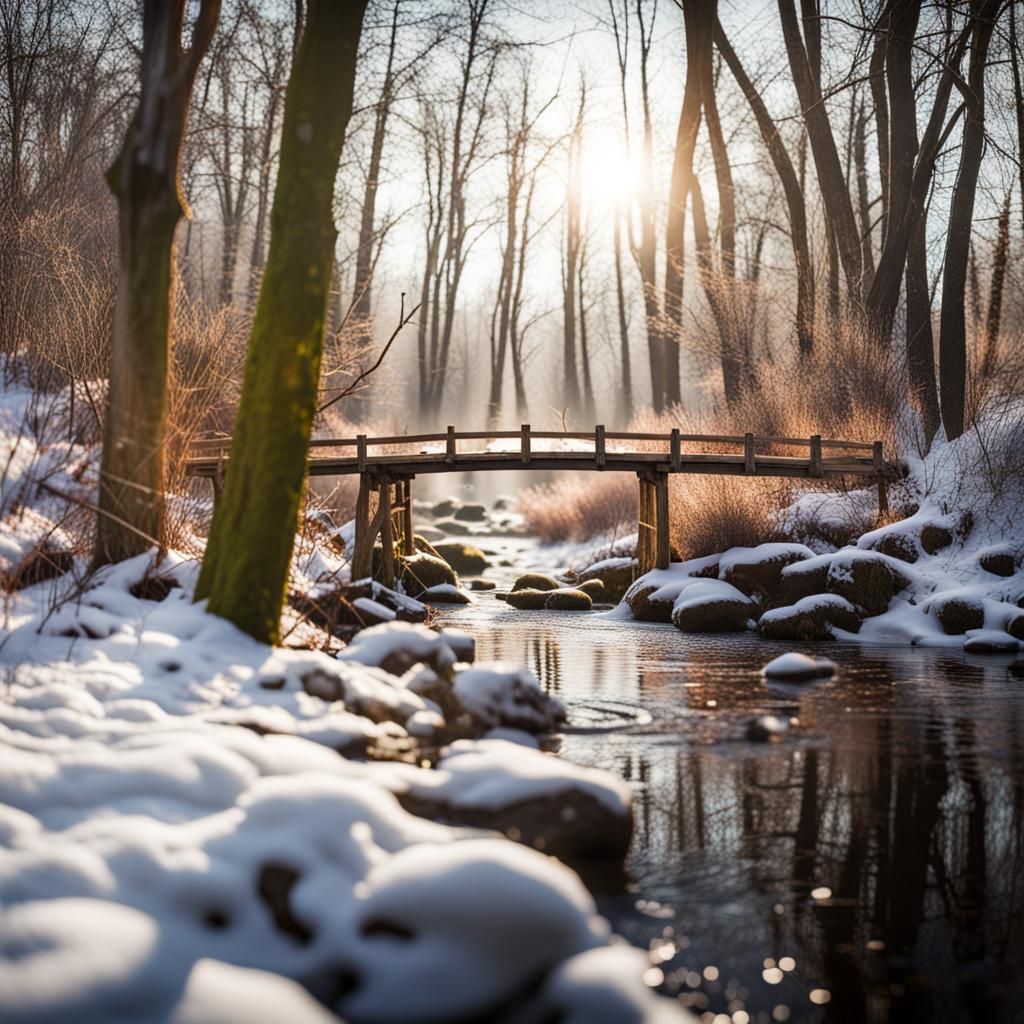 Snowy Forest Scene with Wooden Bridge
