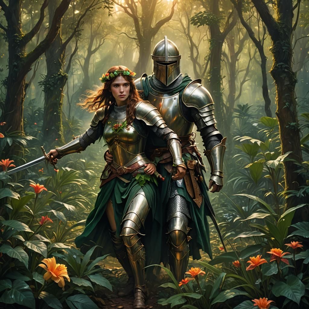 Knight Rescues Wife in Jungle: Pre-Raphaelite Oil Painting