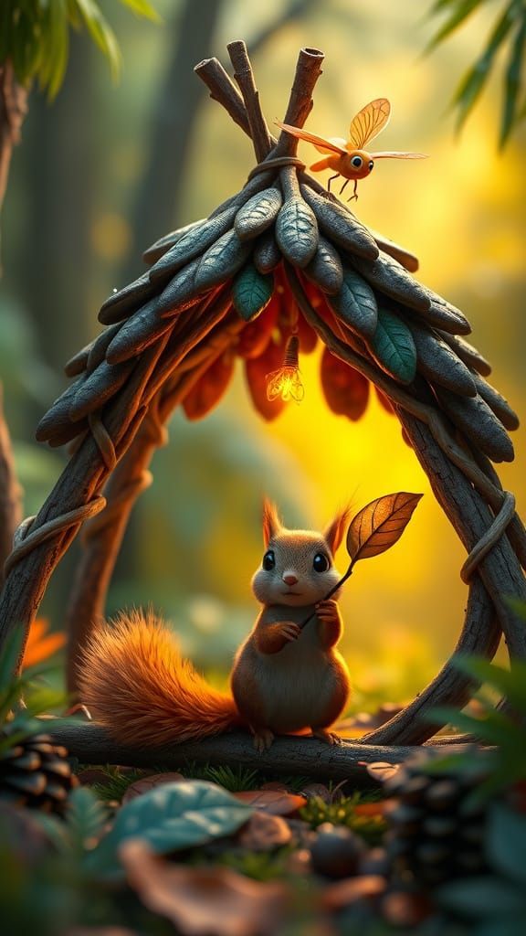 Squirrels Build Whimsical Hideout in Lush Forest