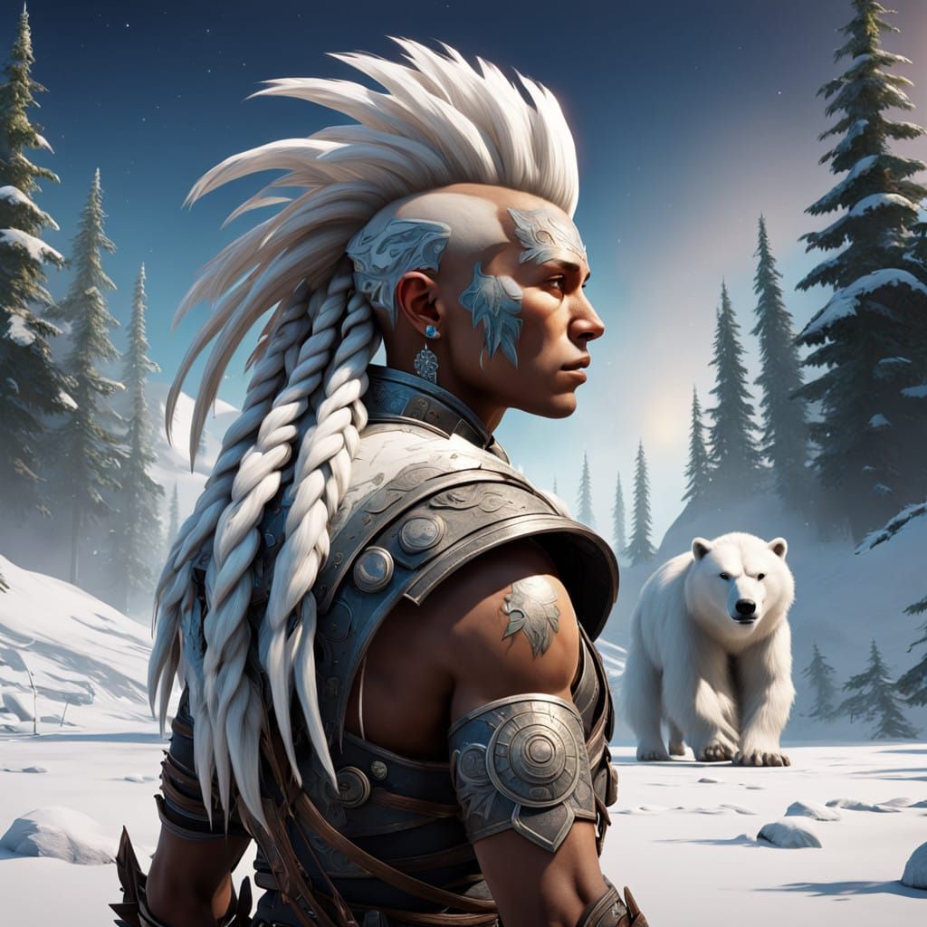 Vibrant Nordic Warrior Stands Tall with Polar Bear in Ethere...