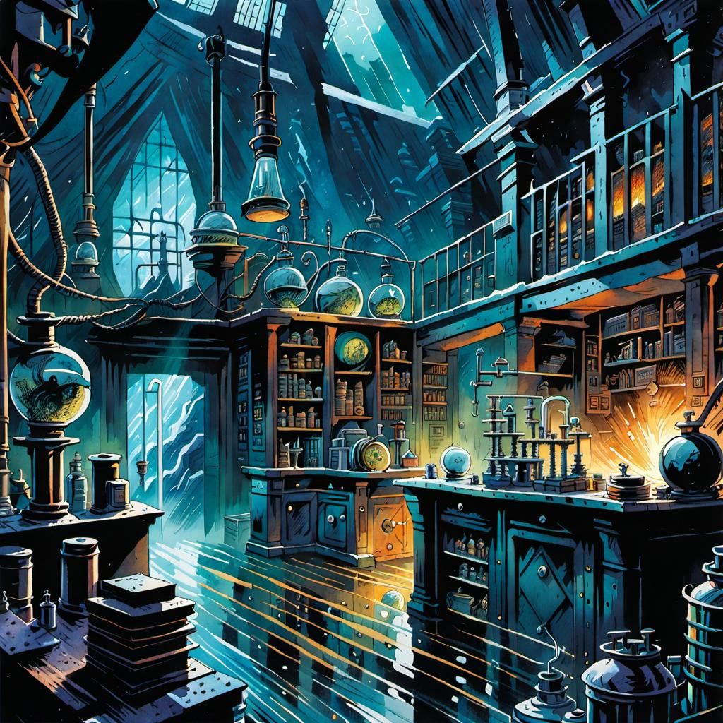 Chaotic Mad Scientist Lab in Watercolor Comic Style