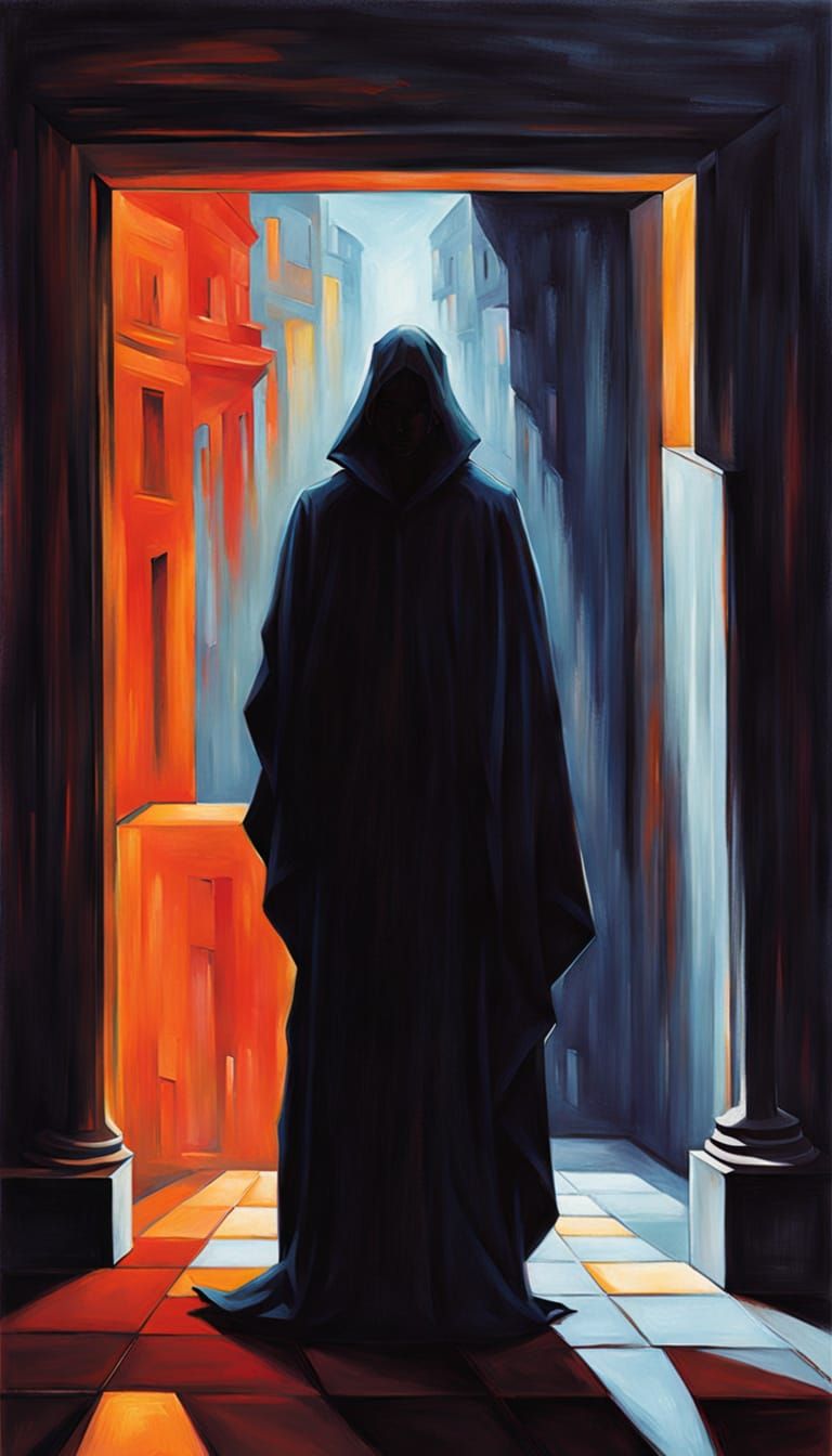 Mysterious Figure at the Crossroads of Two Worlds in a Cyber...