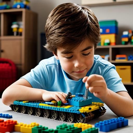 Photorealistic Boy Plays with Lego Tank
