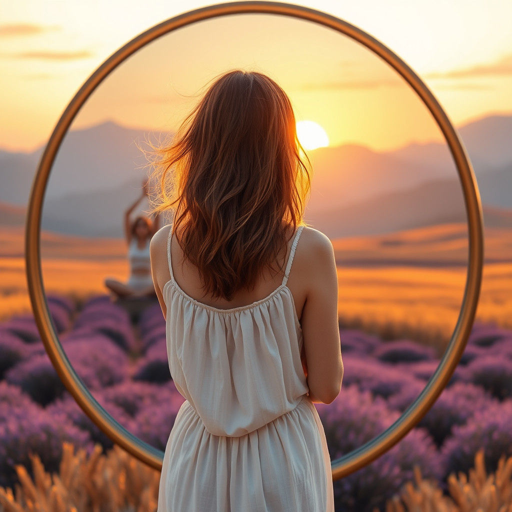 Woman and Mirrored Sunrise Landscape as Impressionist Painti...