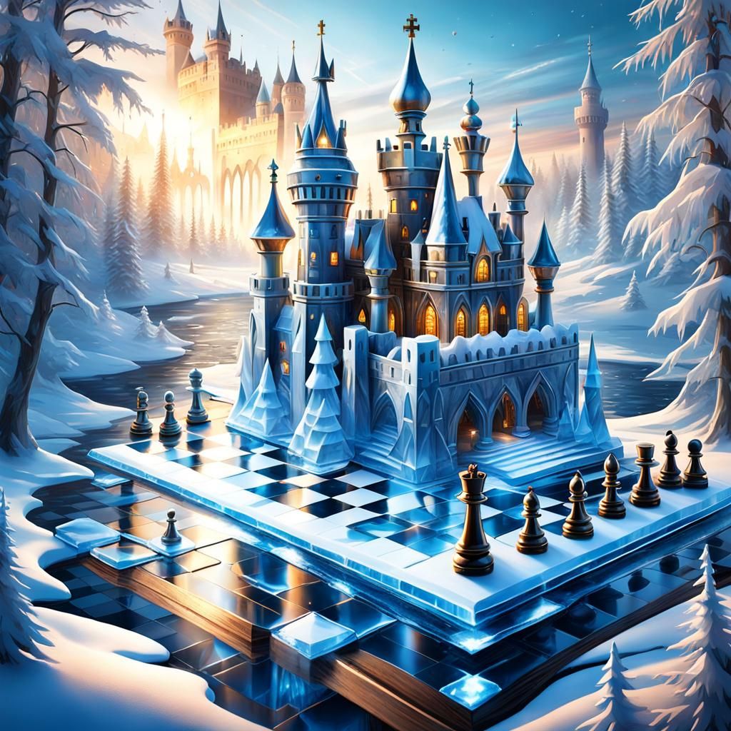 Fantastical Chess Kingdom with Icy Landscape
