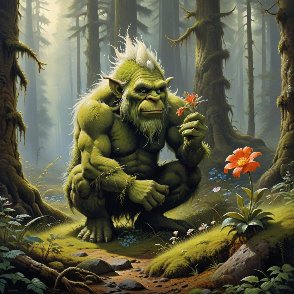 Scandinavian Troll Admiring Flower in Forest