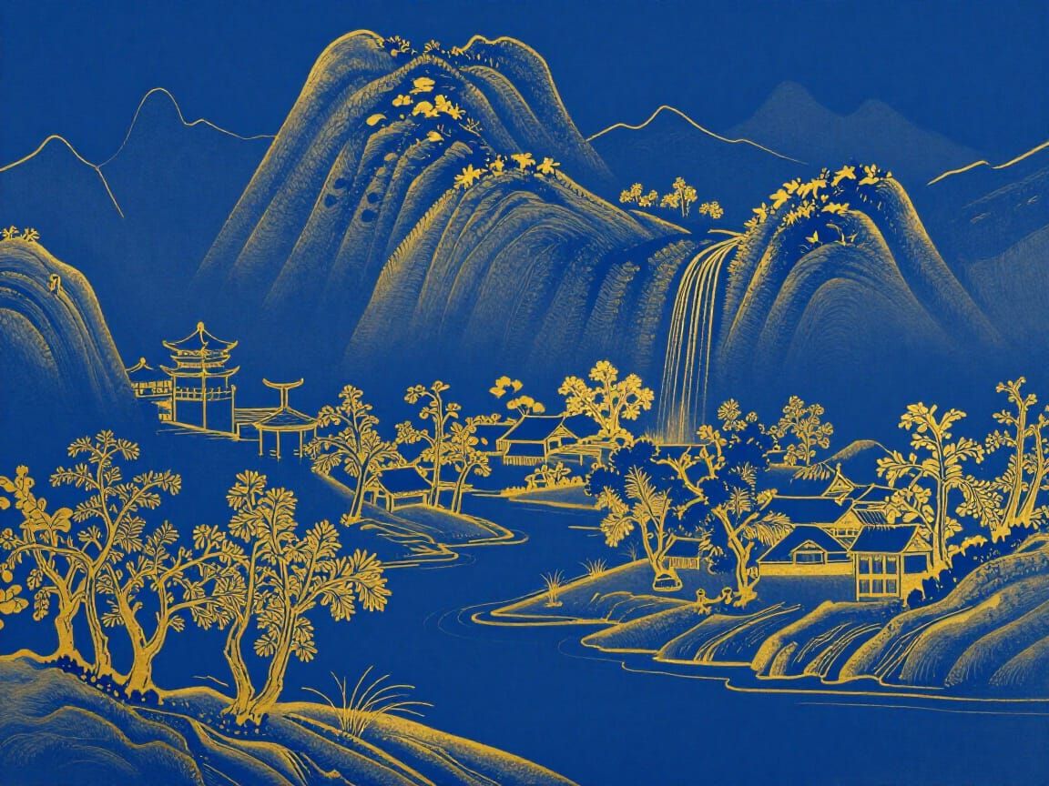 Golden Brushstroke Landscape in Chinese Ink Wash Style