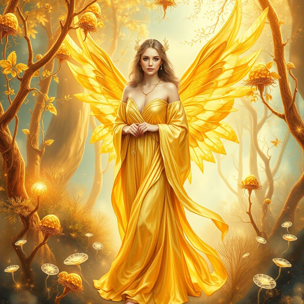 Golden Goddess of the Cosmic Forest in Vibrant Watercolor St...