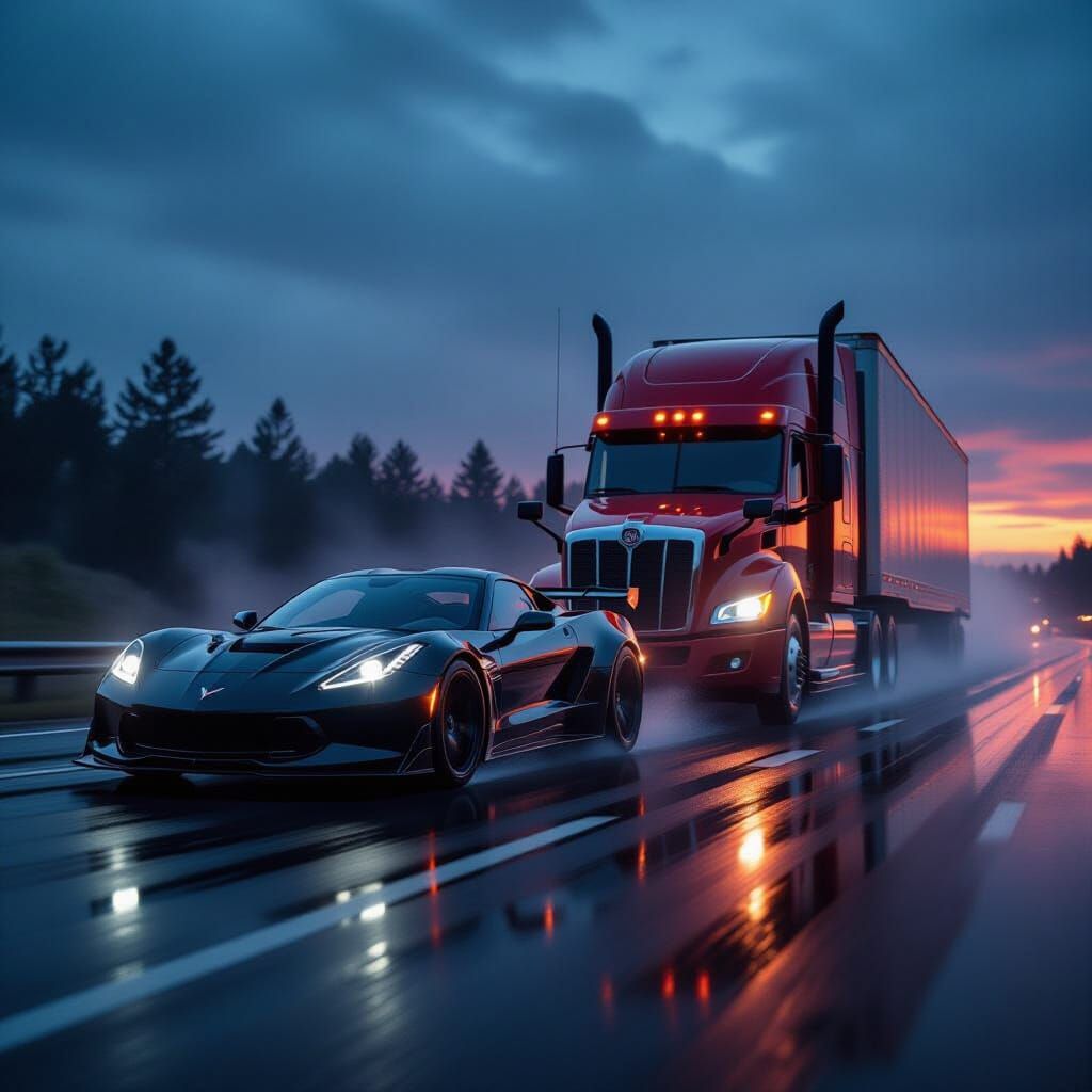 Sports Car Races Semi-Truck on Wet Highway
