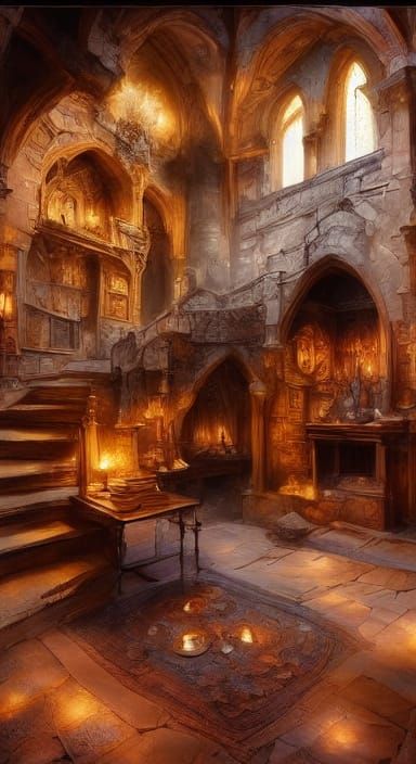 Medieval Home With Stone Staircase in Oil Painting Style