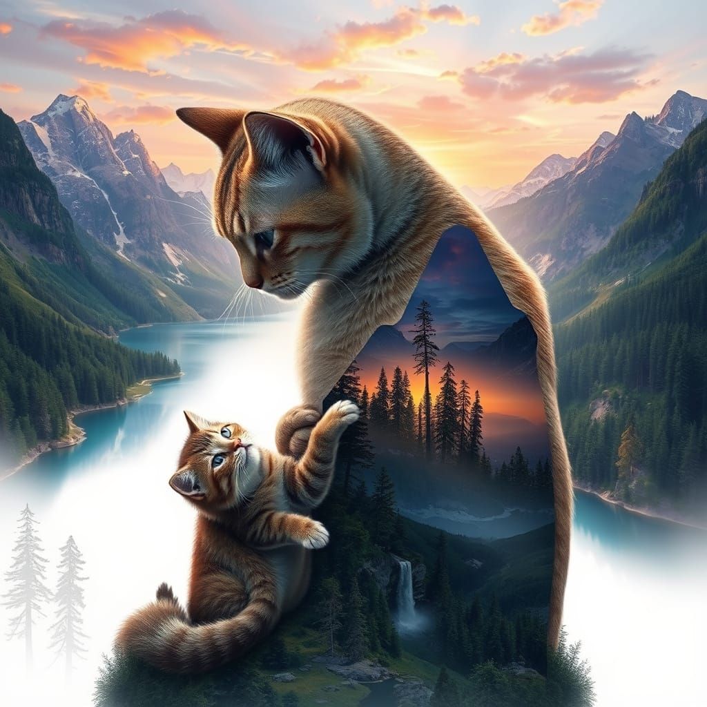 Surreal Cat Landscape: American Shorthair Grooming Kitten